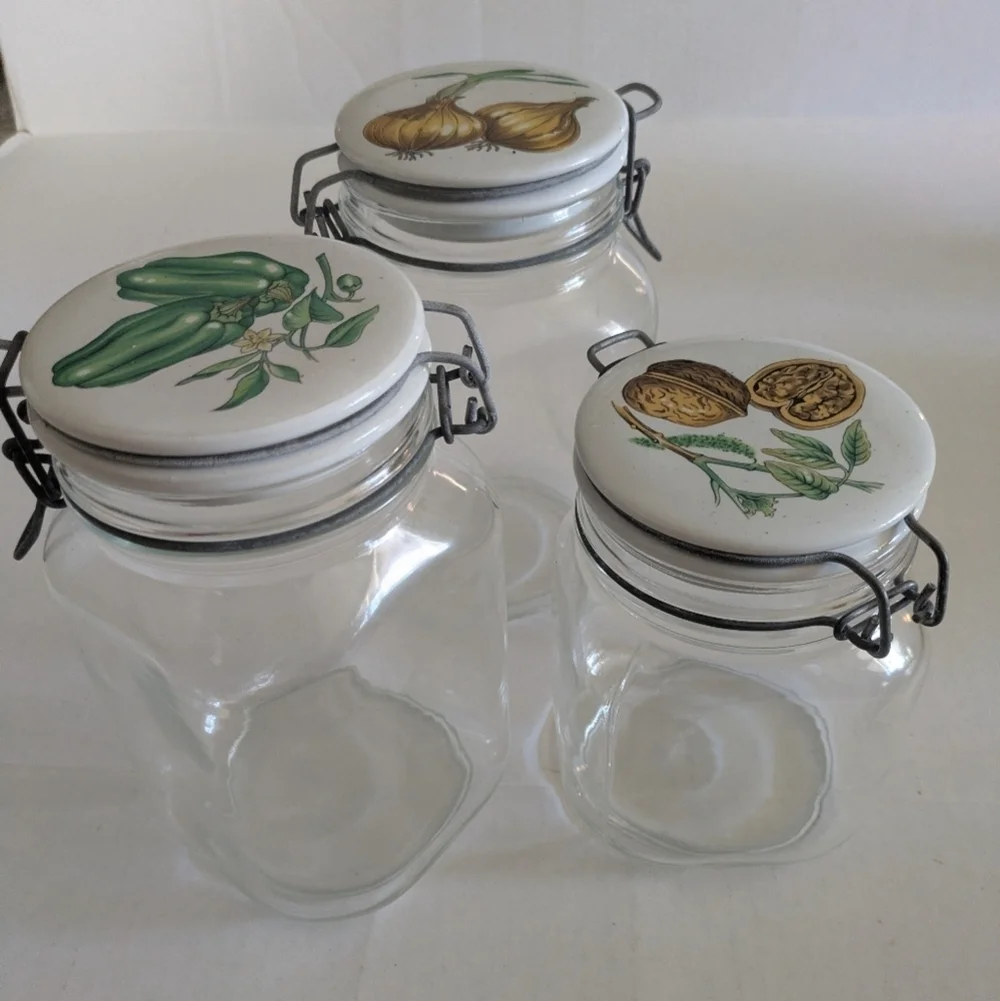 Vintage Glass Storage Jars With Snap Lids. Set Of 3